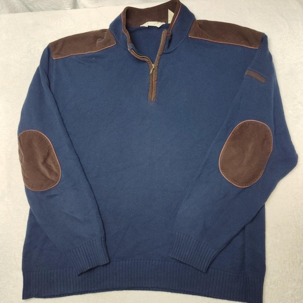 Orvis Sweater Mens 2XL Blue 1/4 Zip Mock Corduroy Elbow Patch Pullover Outdoor